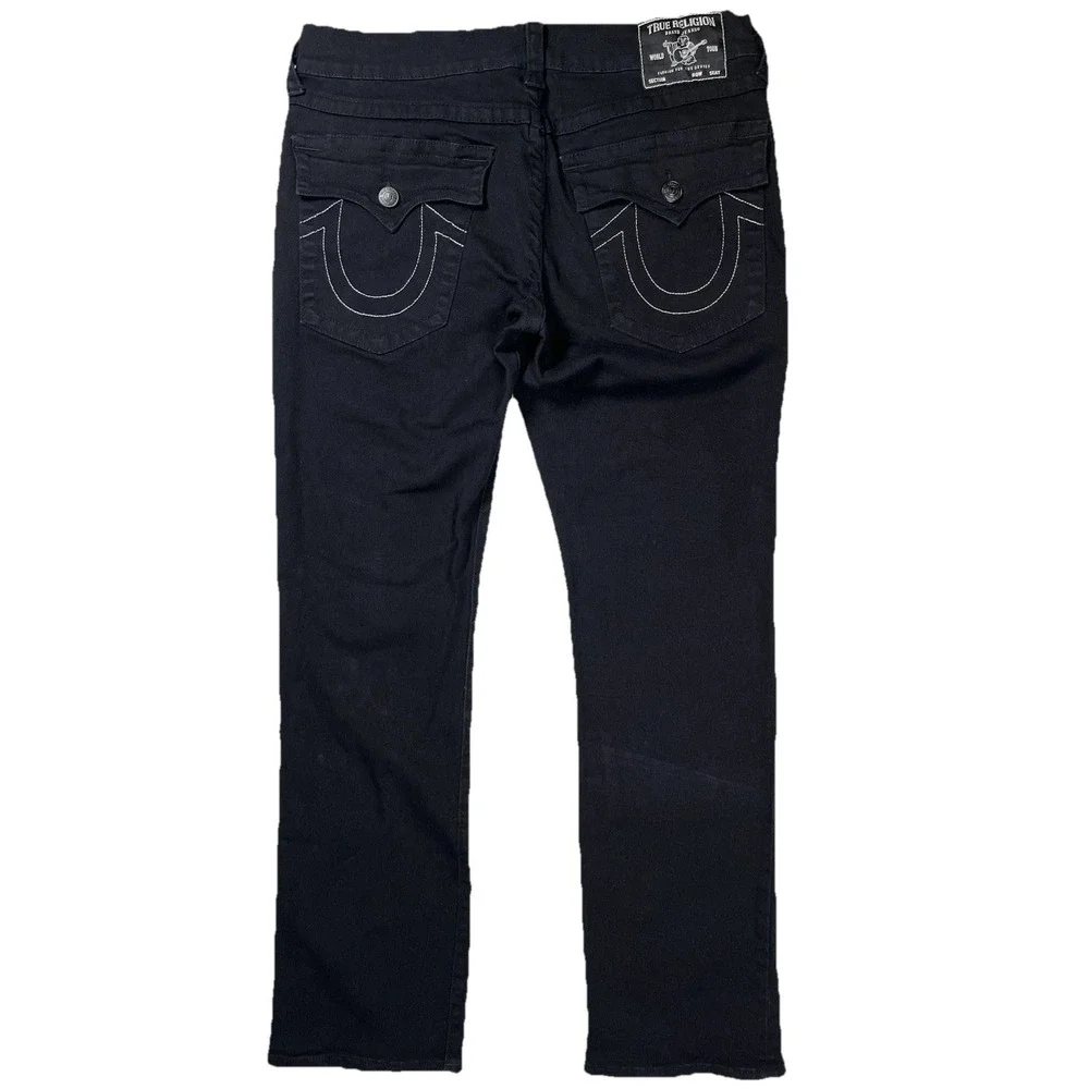 True Religion Men's Black Ricky Relaxed Straight Jeans Sz 34 Flap Pockets Preppy